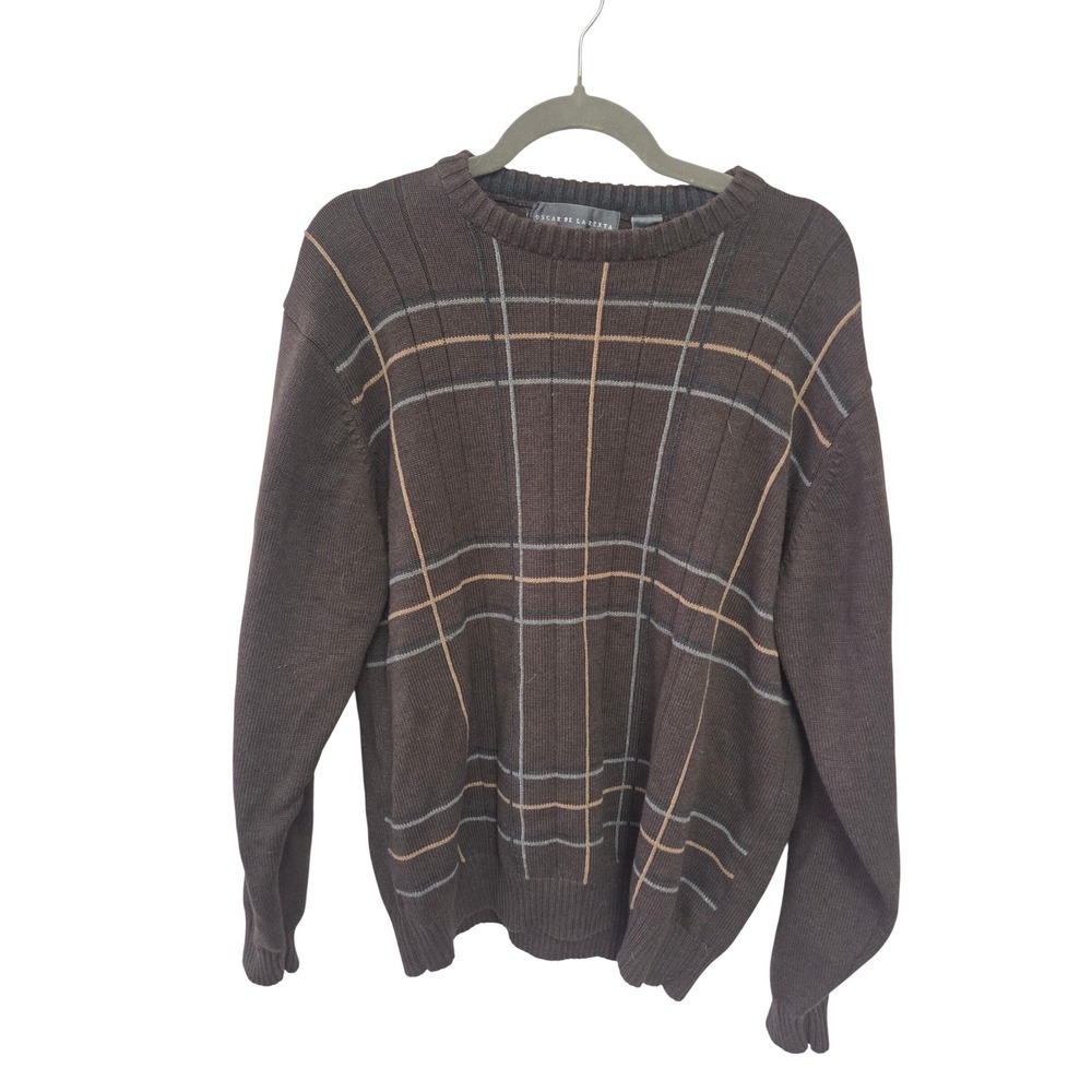 Oscar de la Renta Brown Plaid Crewneck Sweater Windowpane Knit Long Sleeve
